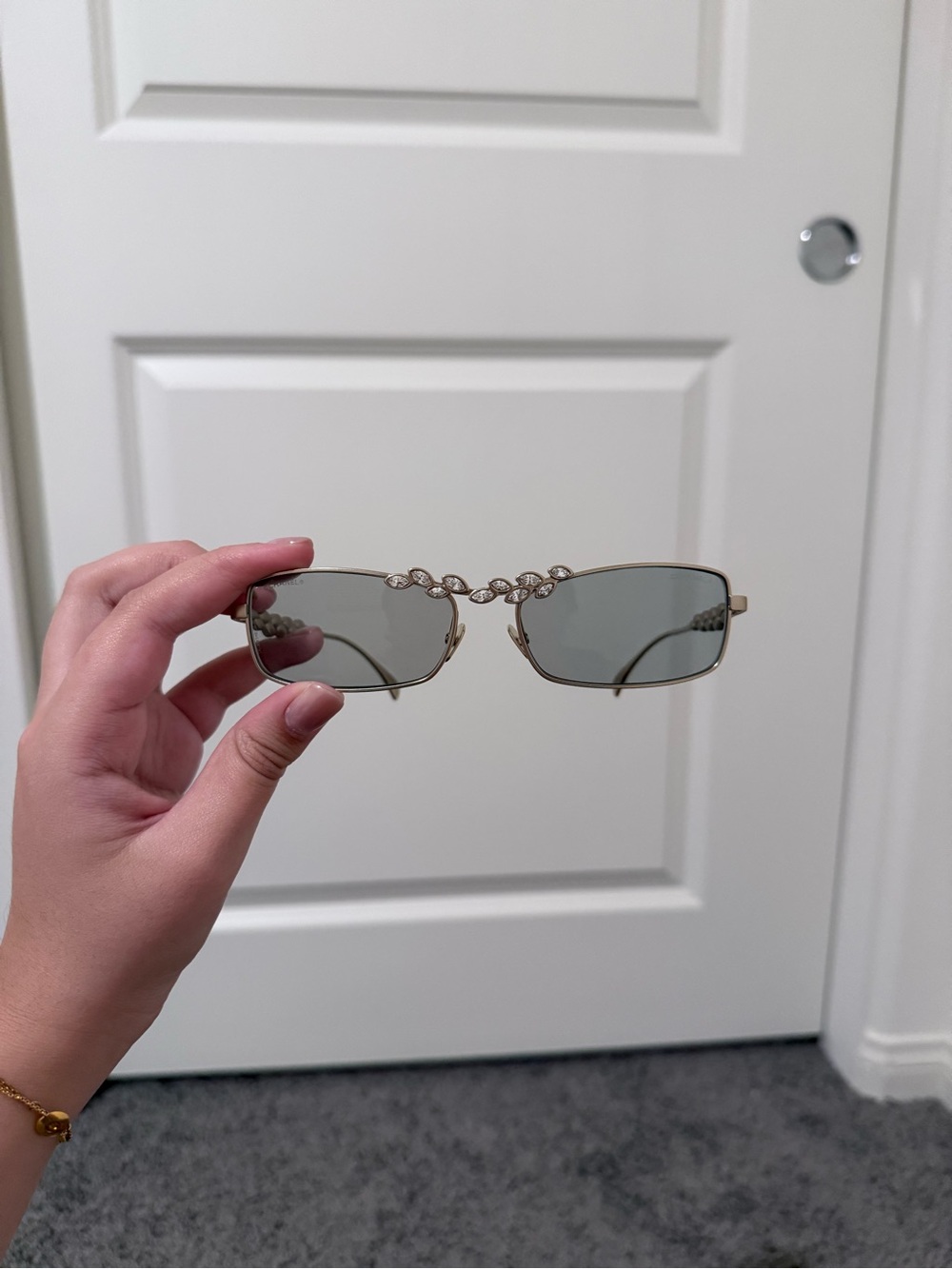 Chanel Metal Crystal Sparkling Wheat Rectangle Sunglasses 71584 Gold